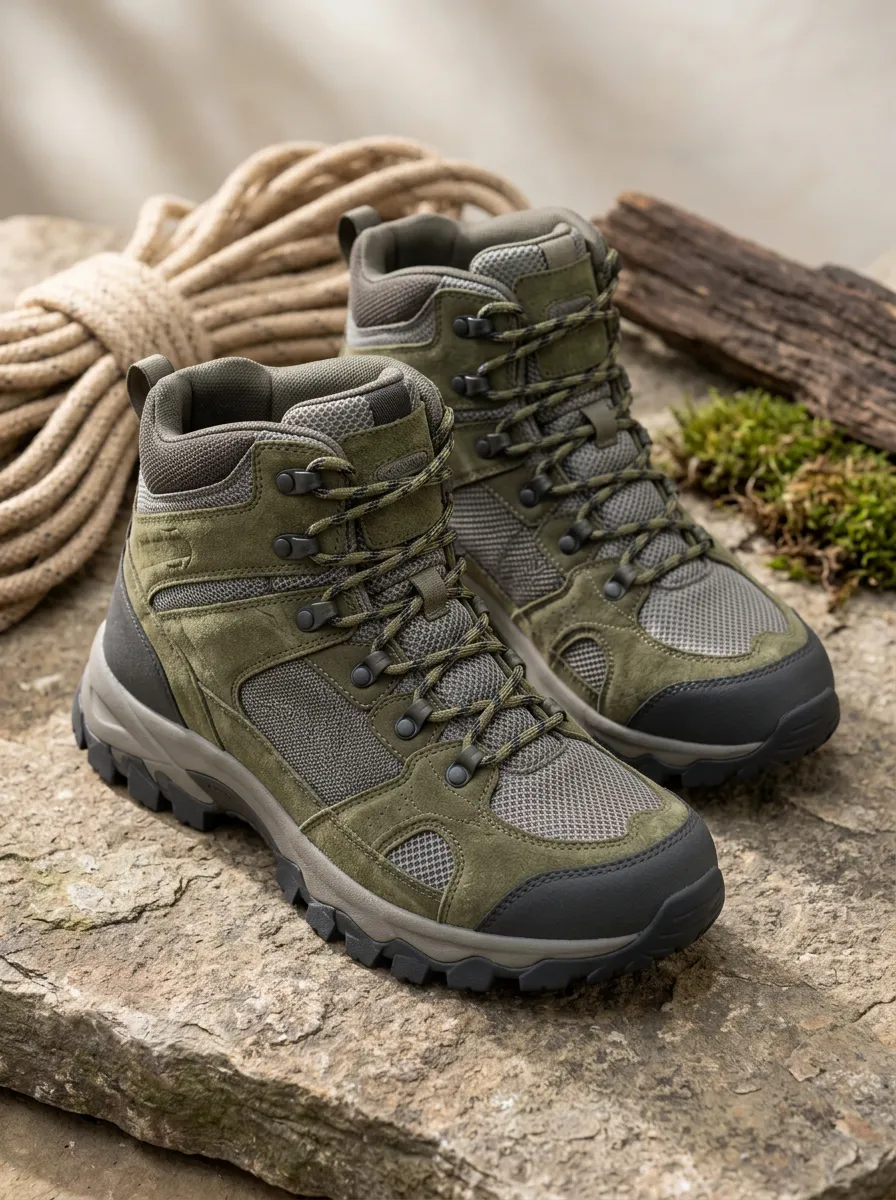 Unisex Classic Outdoor Hiking Olive Green Suede Mesh Printed Boots