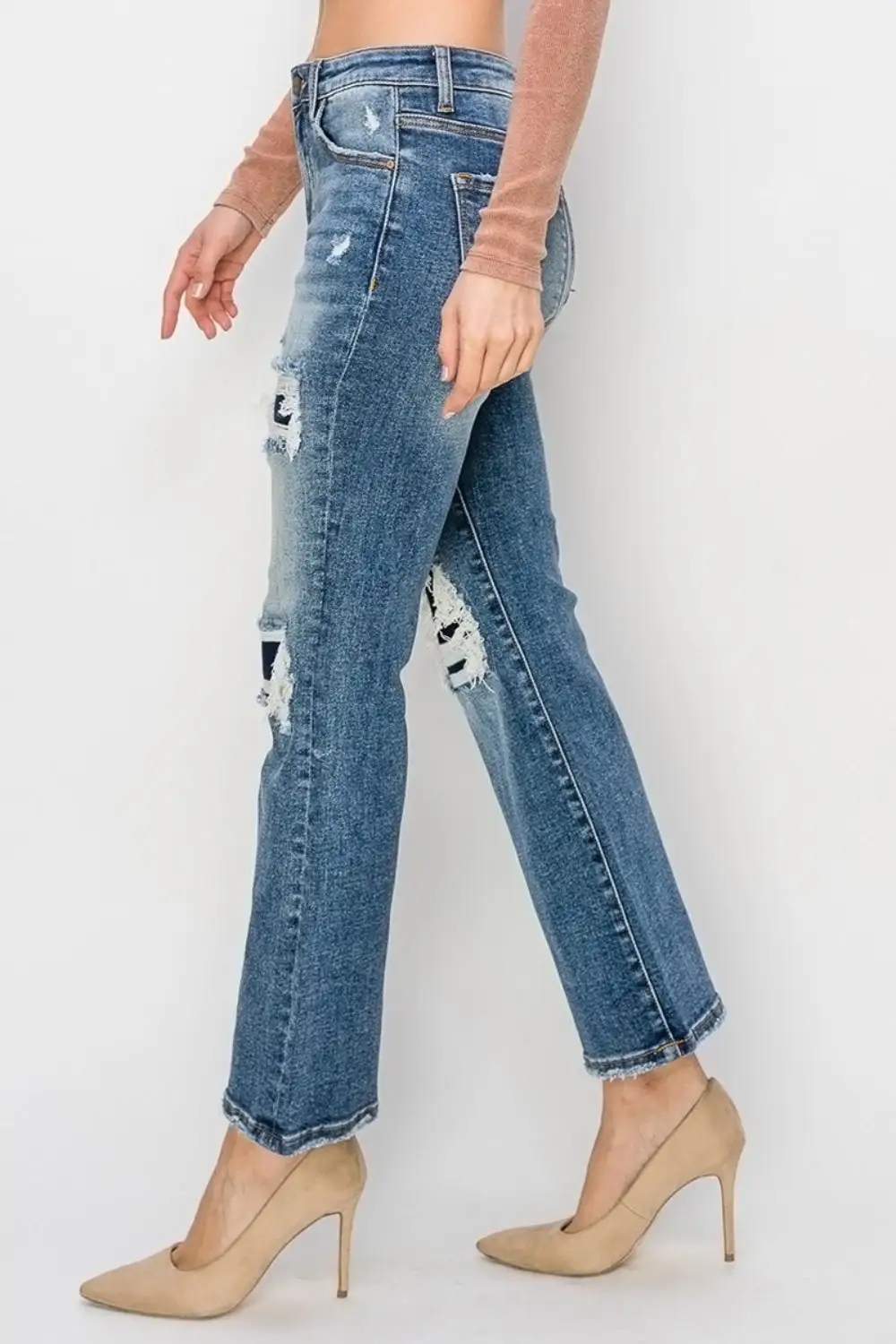 High Rise Distressed Ankle Flared Denim Jeans