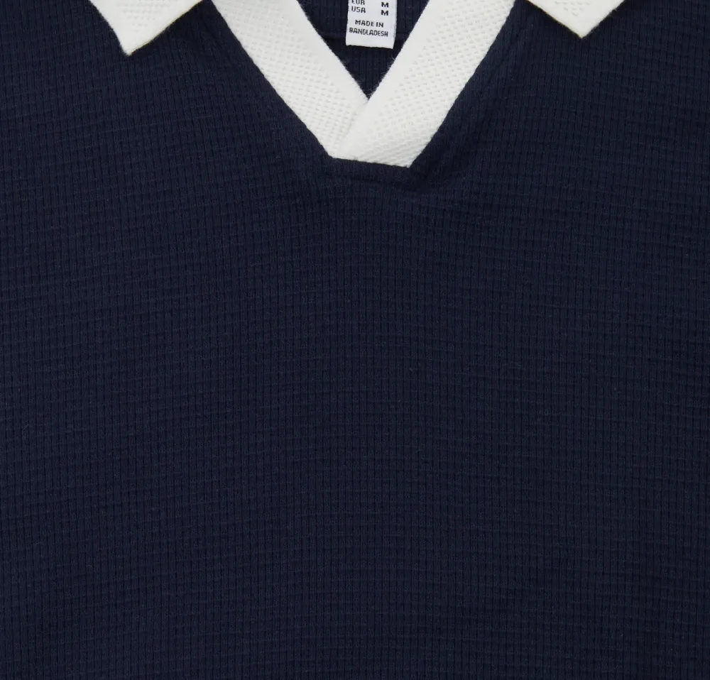 Men's Navy Open-Collar Waffle Polo Shirt