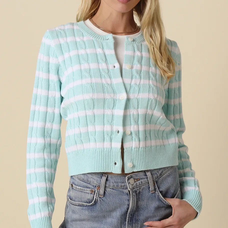 Striped Cable Knit Button Cardigan