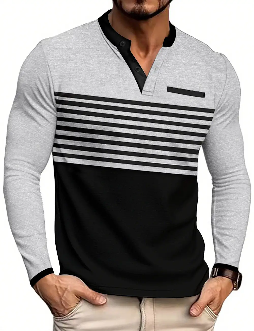 Striped Stand Collar Long Sleeve Polo Shirt