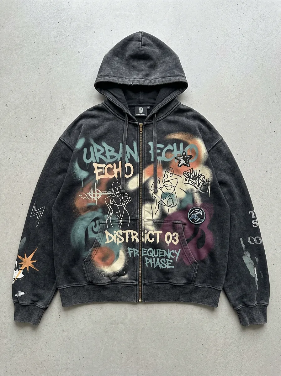 Unisex Streetwear Urban Echo Graffiti Printed Zip-up Hoodie