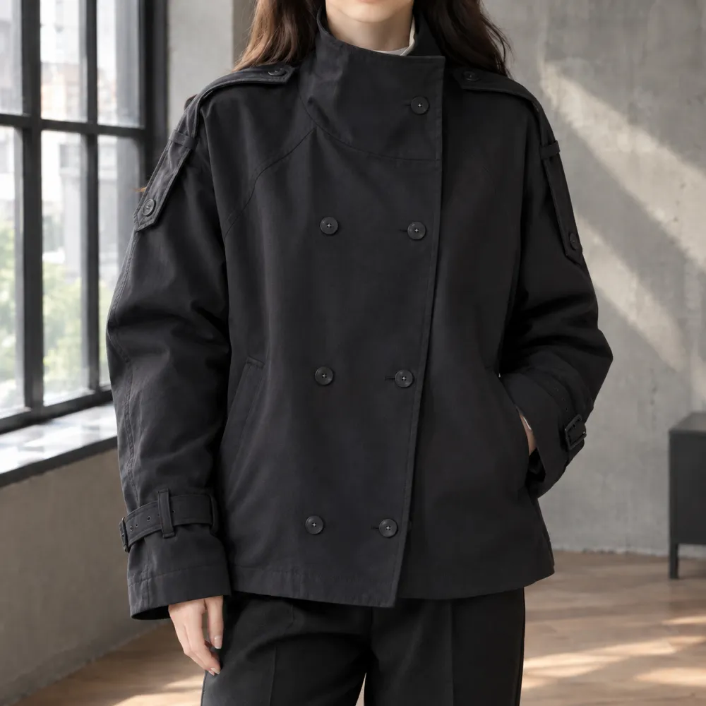 Double-Breasted Stand Collar Hip-Length Jacket