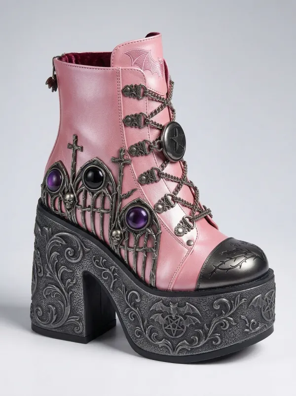 Nightfall Pentagram Skull Embossed Edit Women's Gothic Platform Boots