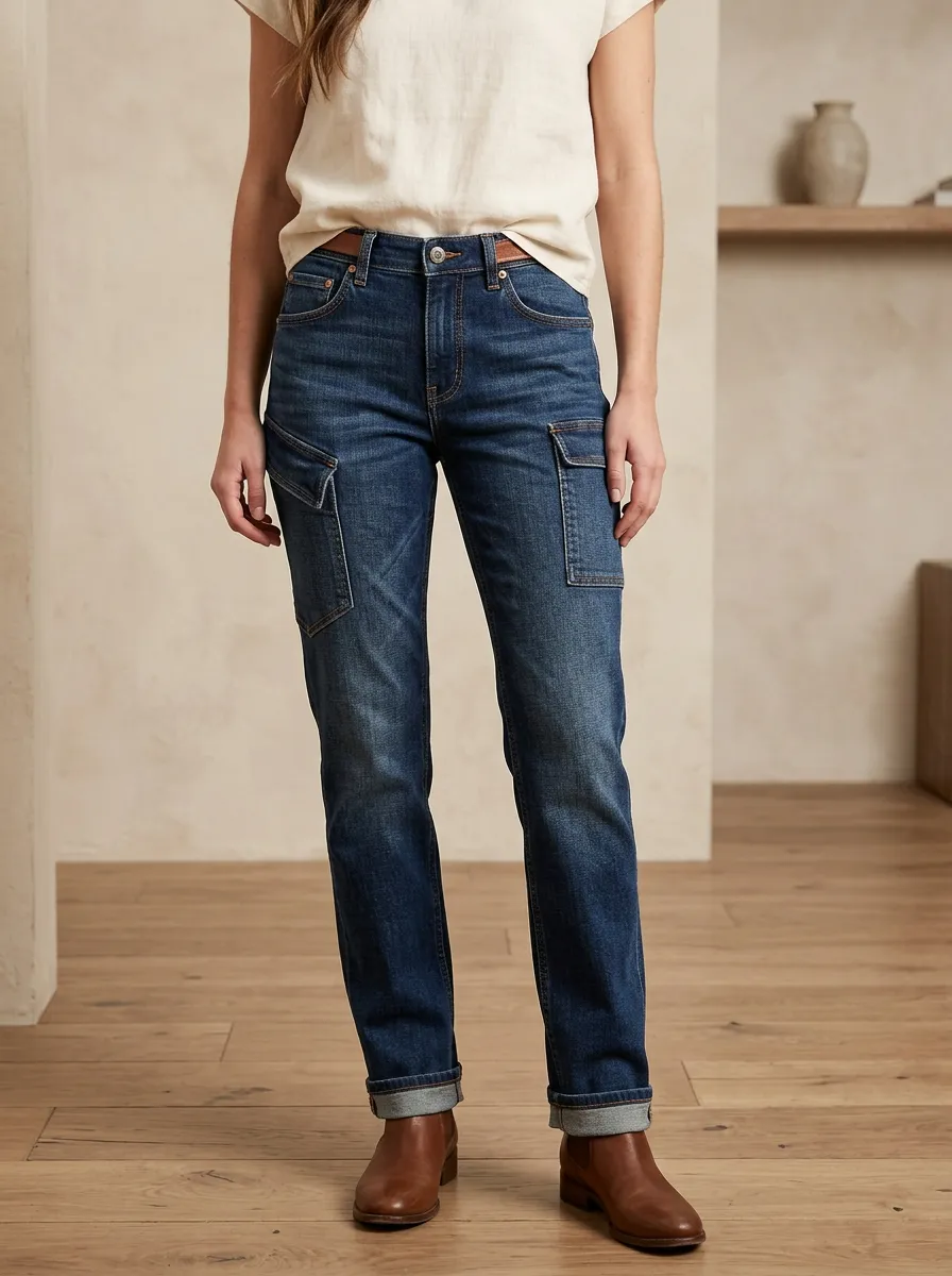 Women's Casual Daily Wear Cargo Pocket Denim Jeans