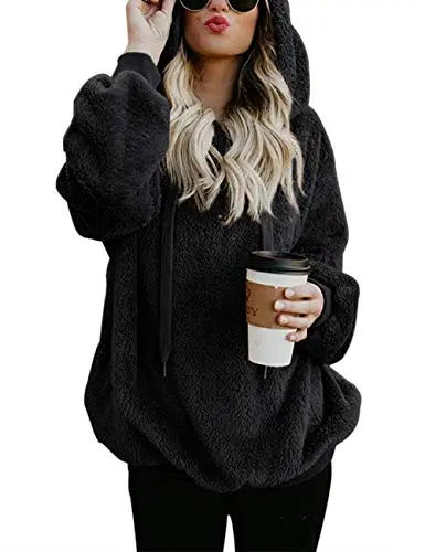 Women Casual Double Fuzzy Sweatshirt Faux Fleece Zip Pullover Hoodies Coat Outwear S-XXL