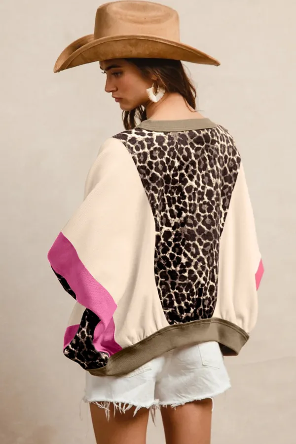Brown Leopard Print Block Patchwork Top