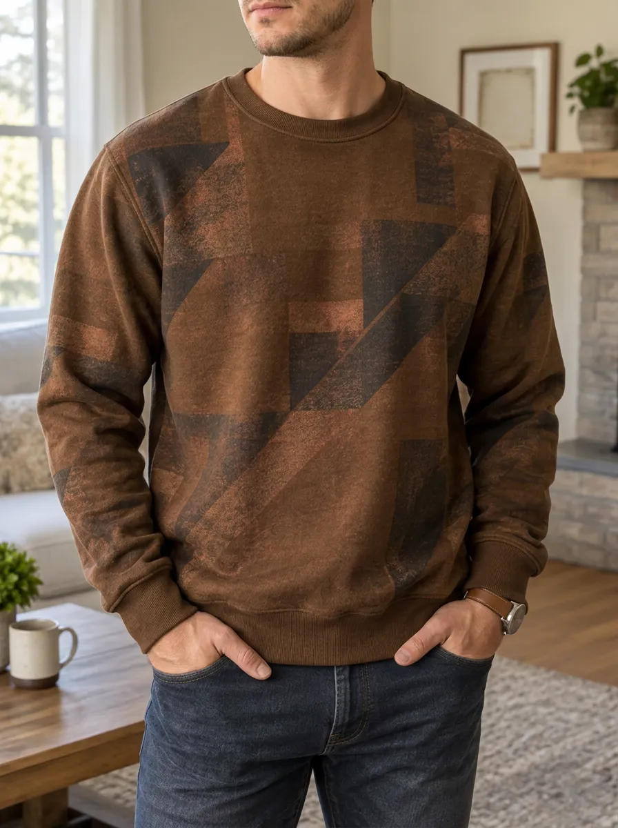 Men's Brown Geometric Pattern Printed Fleece Sweatshirt