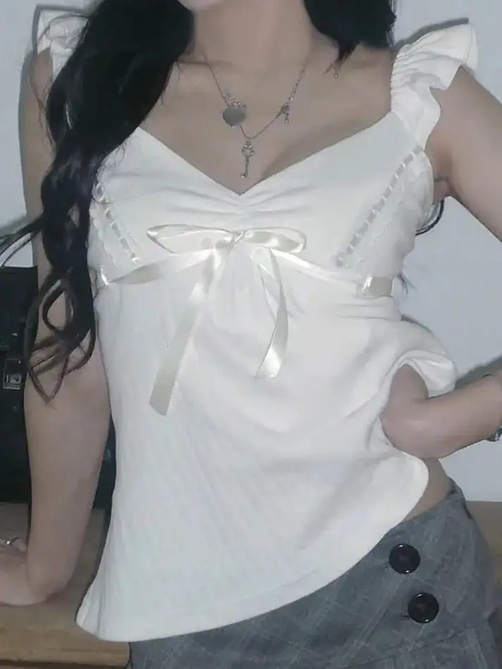 Classic V-Neck Lace Bow-Detail Slim-Fit Tank Top