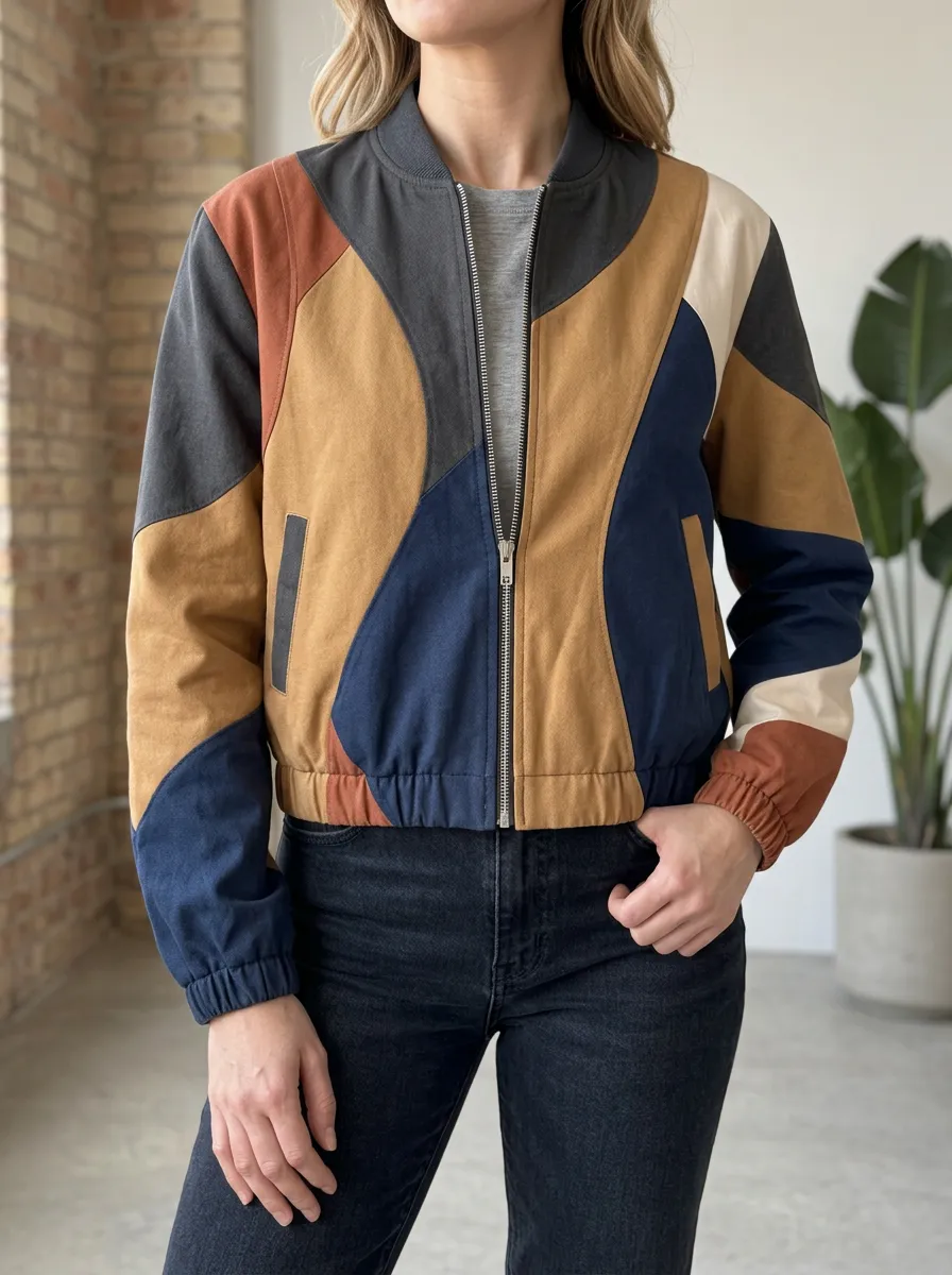 Women's Classic Retro Abstract Colorblock Bomber Jacket