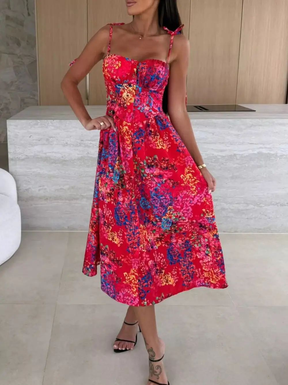 Printed Tie-strap Midi Dress