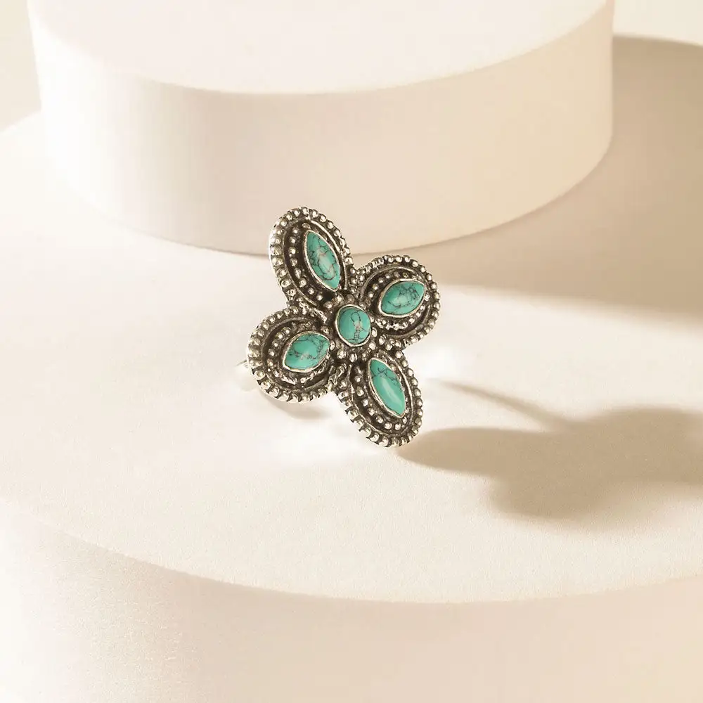 Floral Stone Brass Western Ring