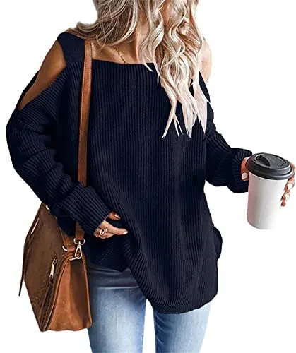 Women's Cold Shoulder Oversized Sweaters Batwing Long Sleeve Square Neck Chunky Knit Fall Tunic Sweater Tops