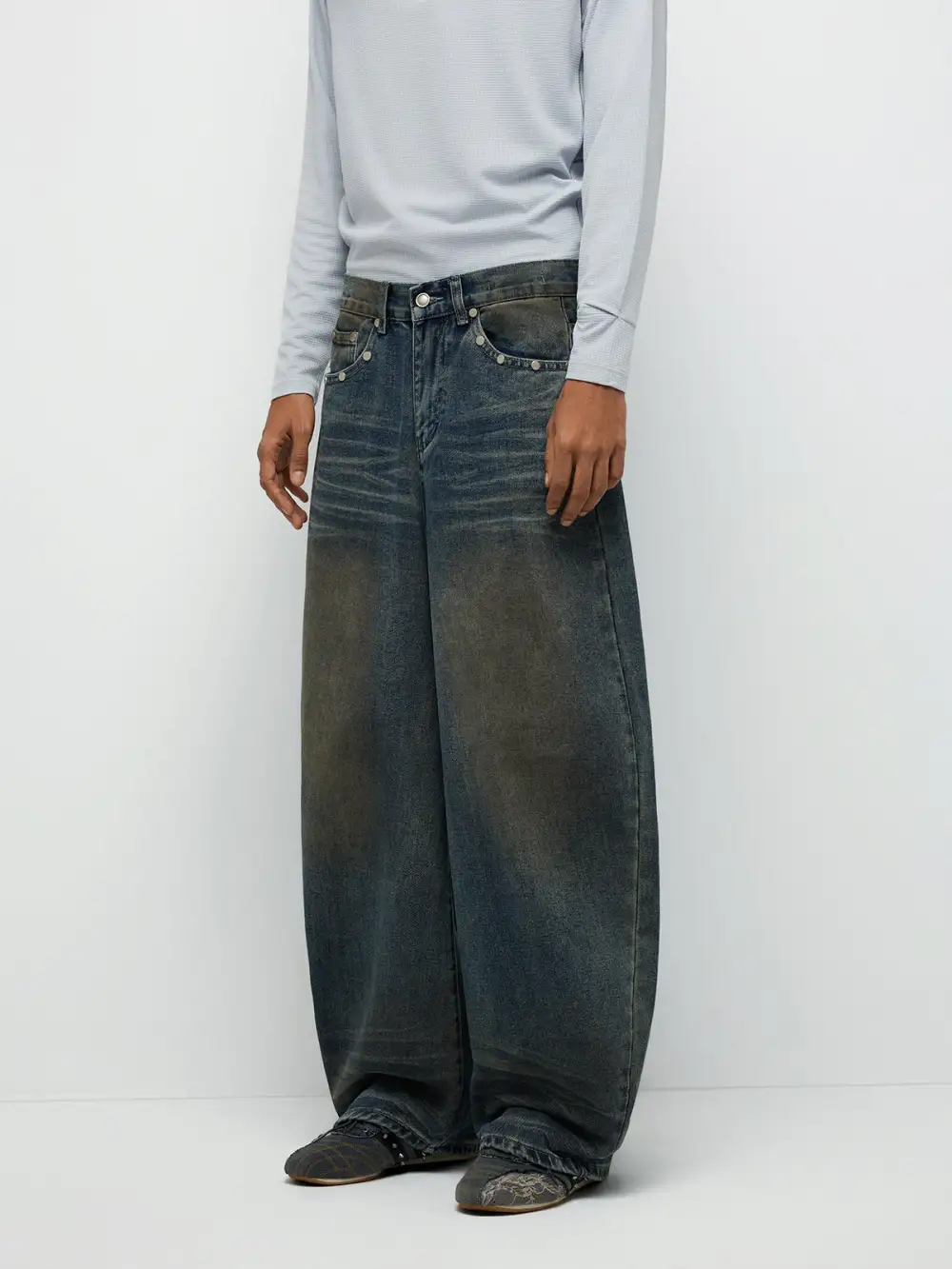 Relaxed Contrast-Detail Denim Pants