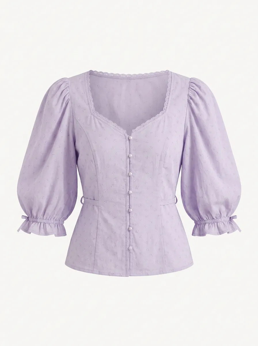Women's Lavender Floral Jacquard Puff Sleeve Button-Down Top