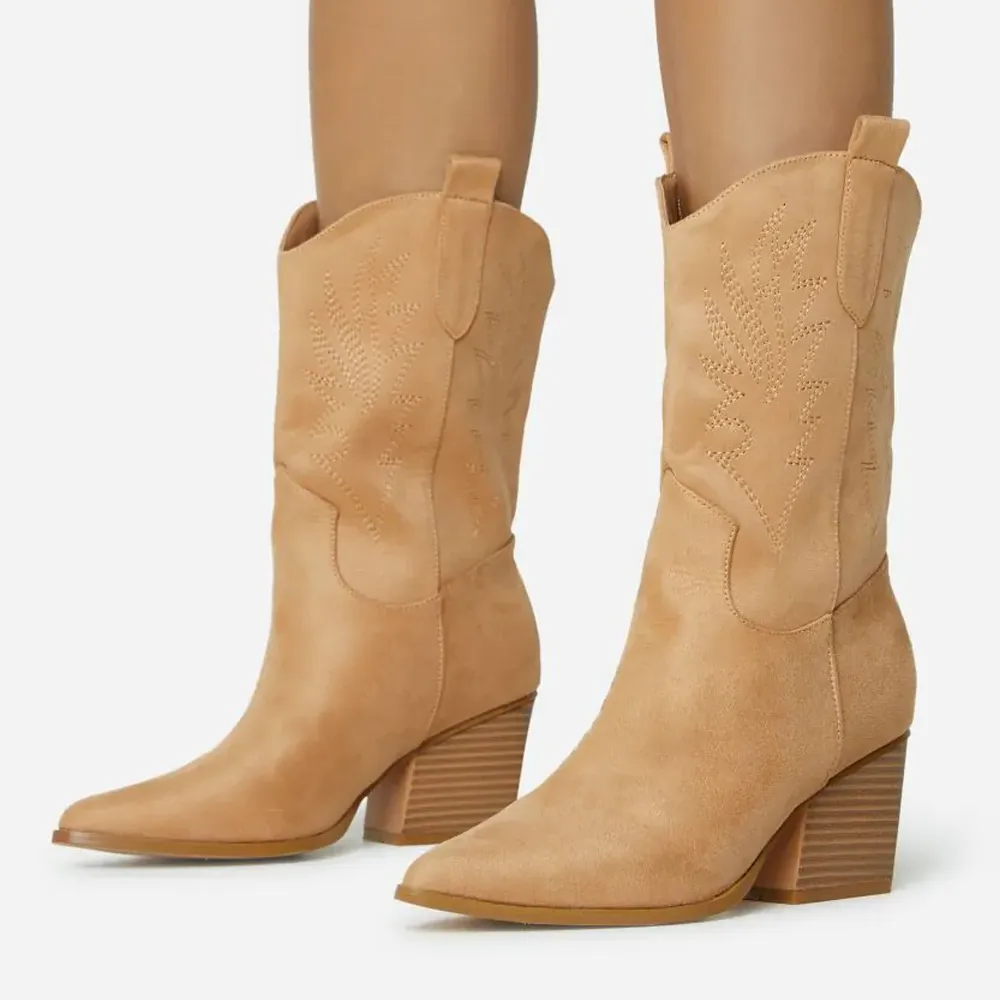 Faux-Suede Embroidered Pointed-Toe Chunky-Heel Mid-Calf Boots