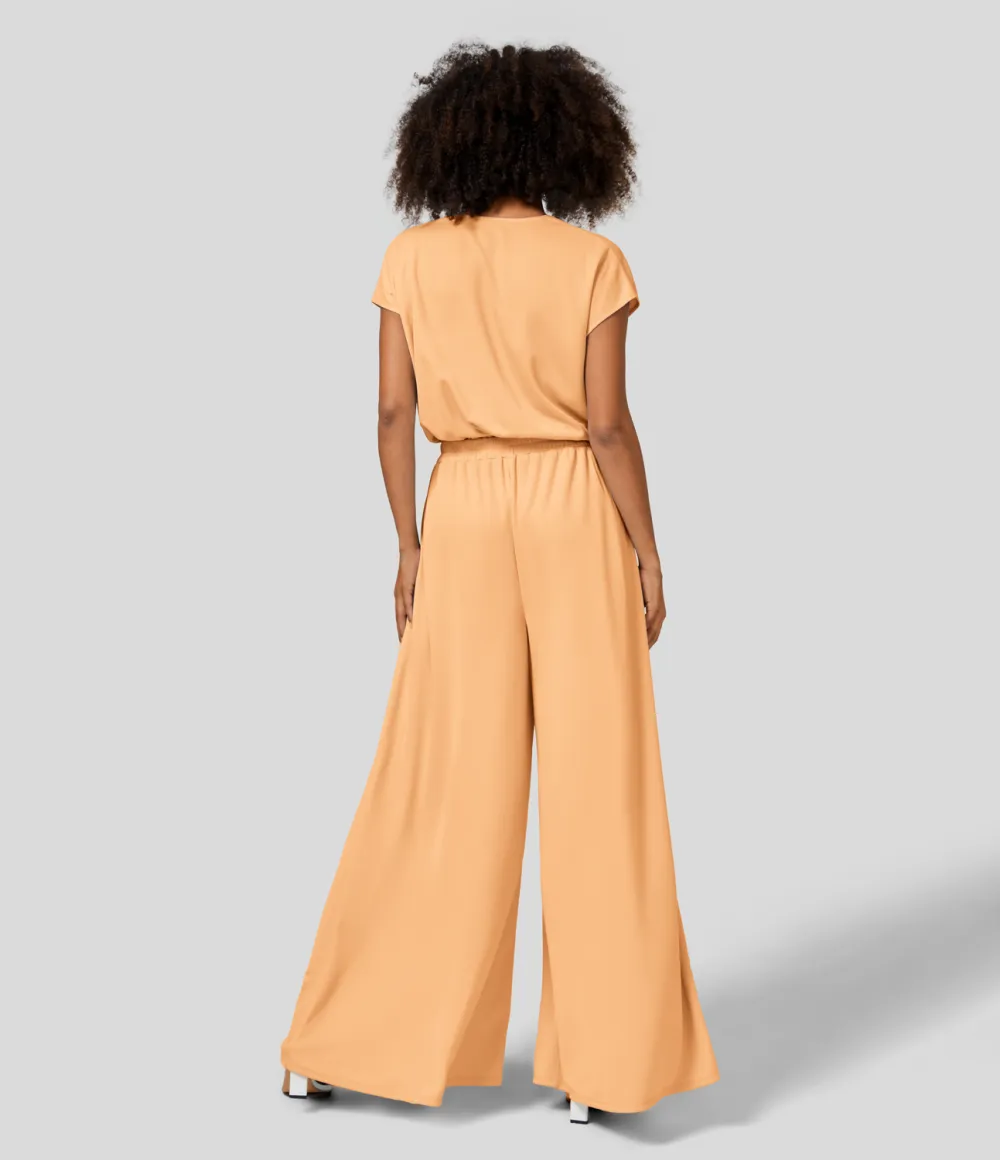 V Neck Short Sleeve Plicated Side Pocket Wide Leg Flowy Waffle Casual Jumpsuit