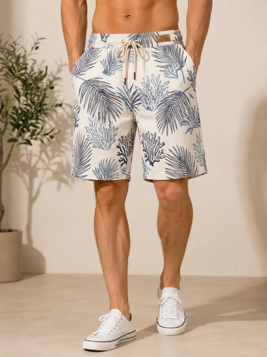 Men's Beach Vacation Tropical Coral Palm Leaf Printed Shorts