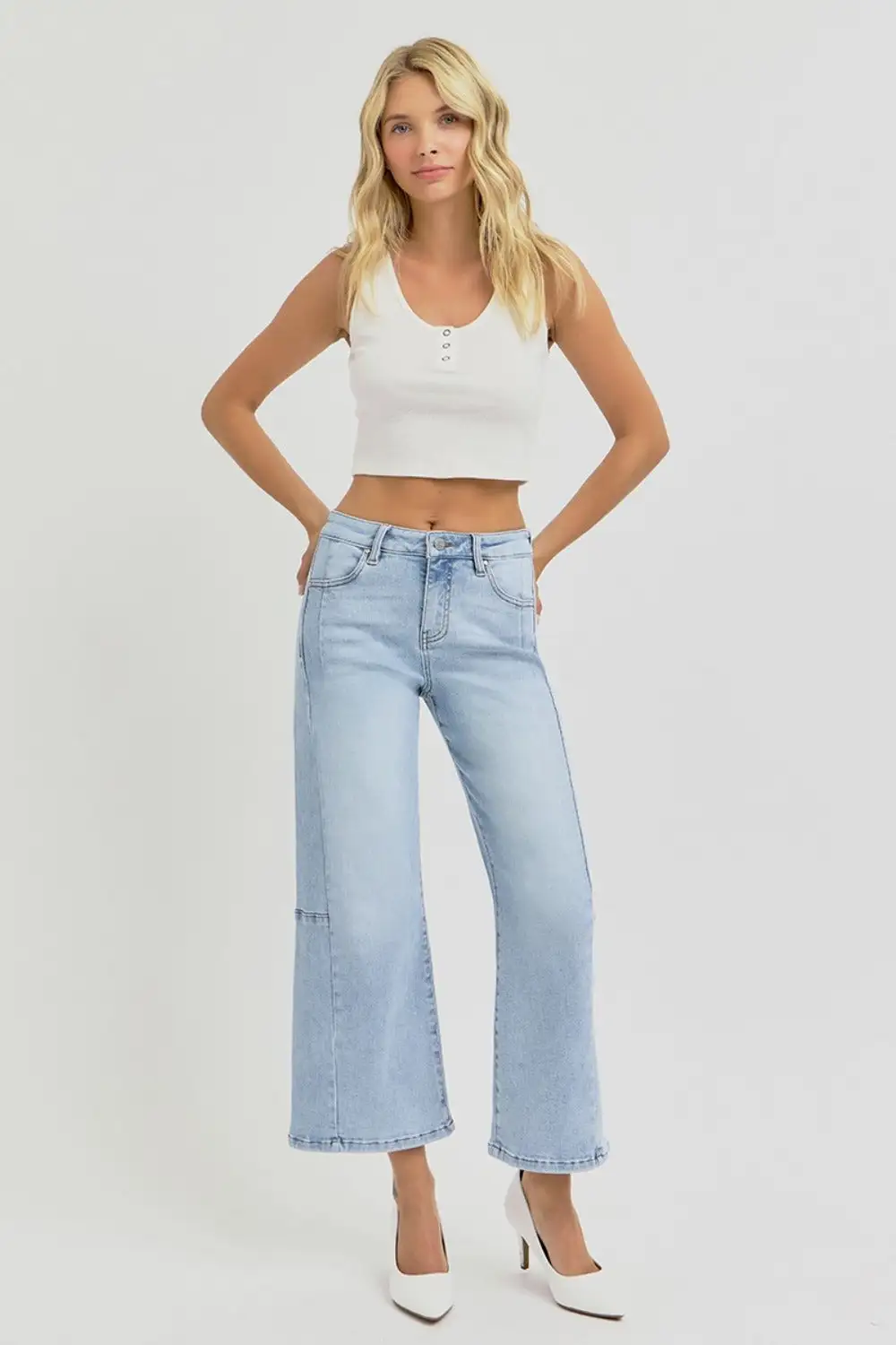High Rise Seamed Detail Wide Leg Denim Jeans