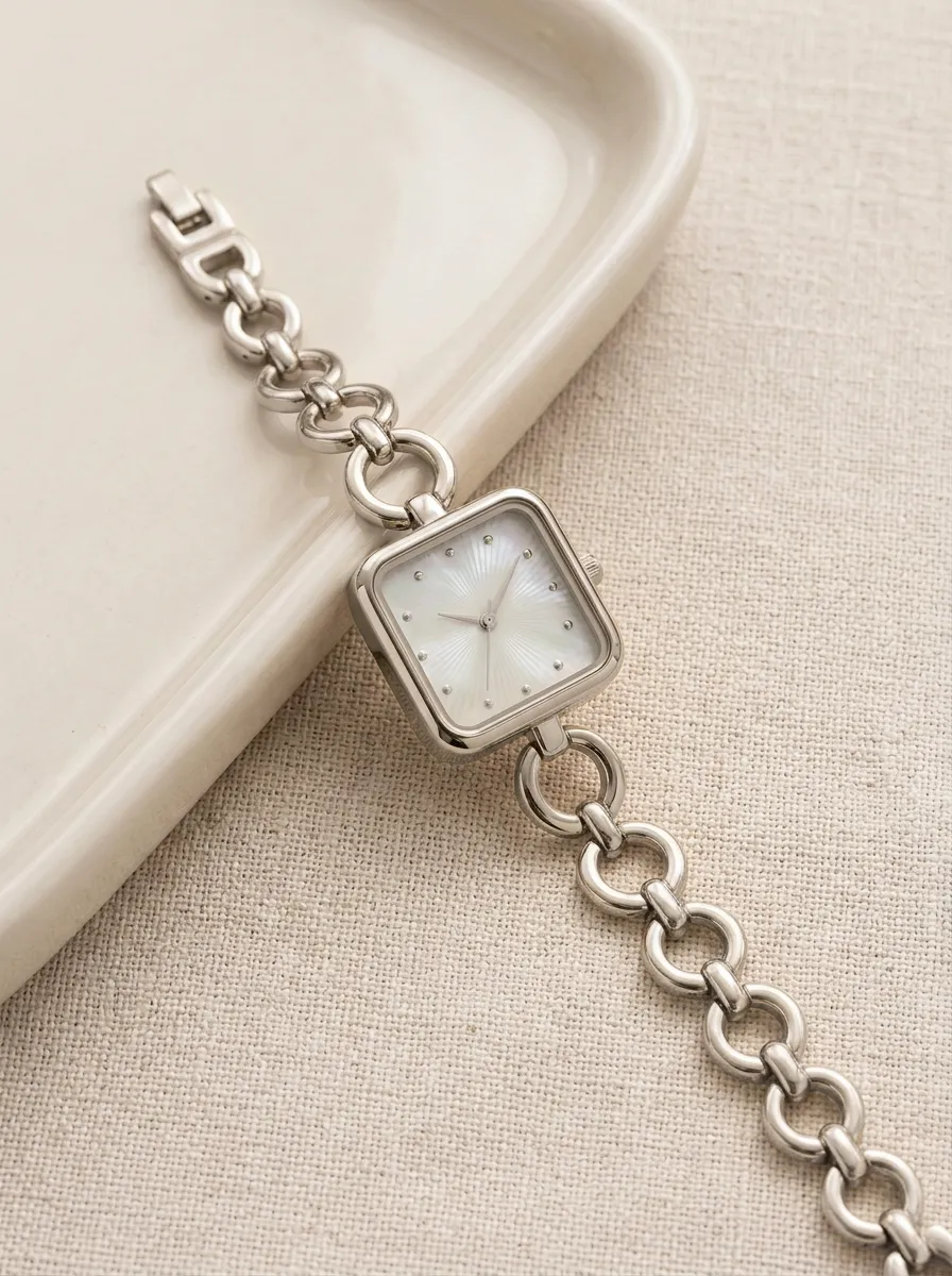 Women's Minimalist Square Dial Mother of Pearl Gold Chain Watch