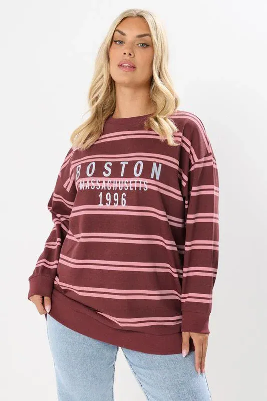 Red 'Boston' Slogan Stripe Sweatshirt