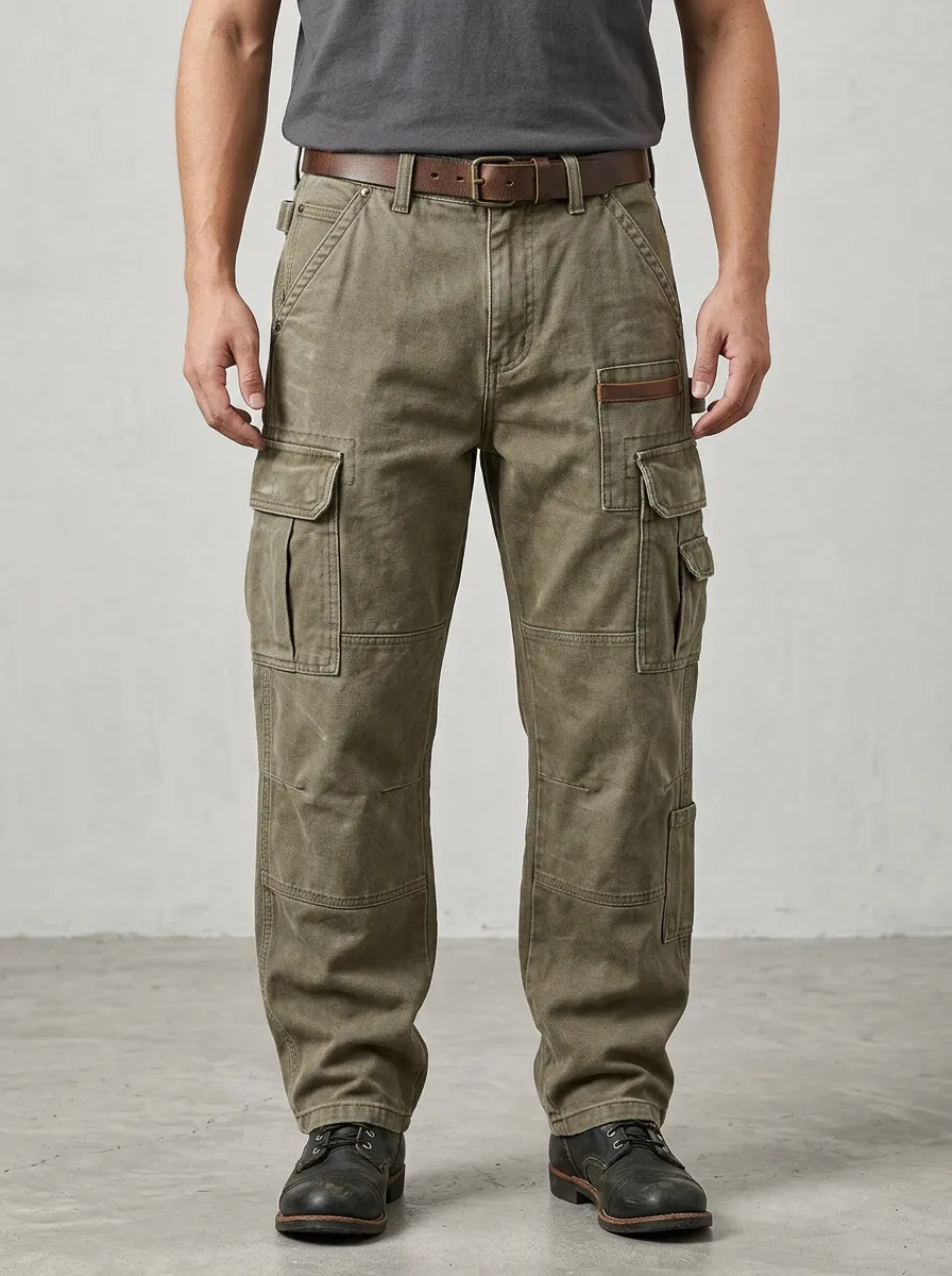 Men's Outdoor Tactical Olive Green Multi-Pocket Reinforced Knee Cargo Pants