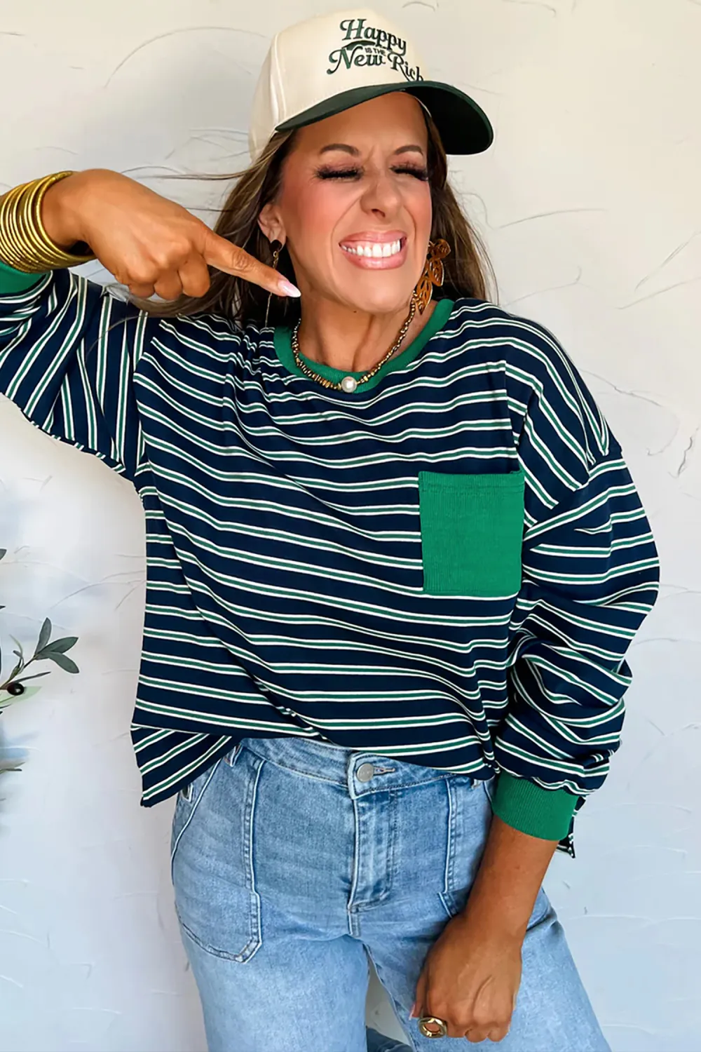 Green Stripe Ribbed Block Patchwork Top