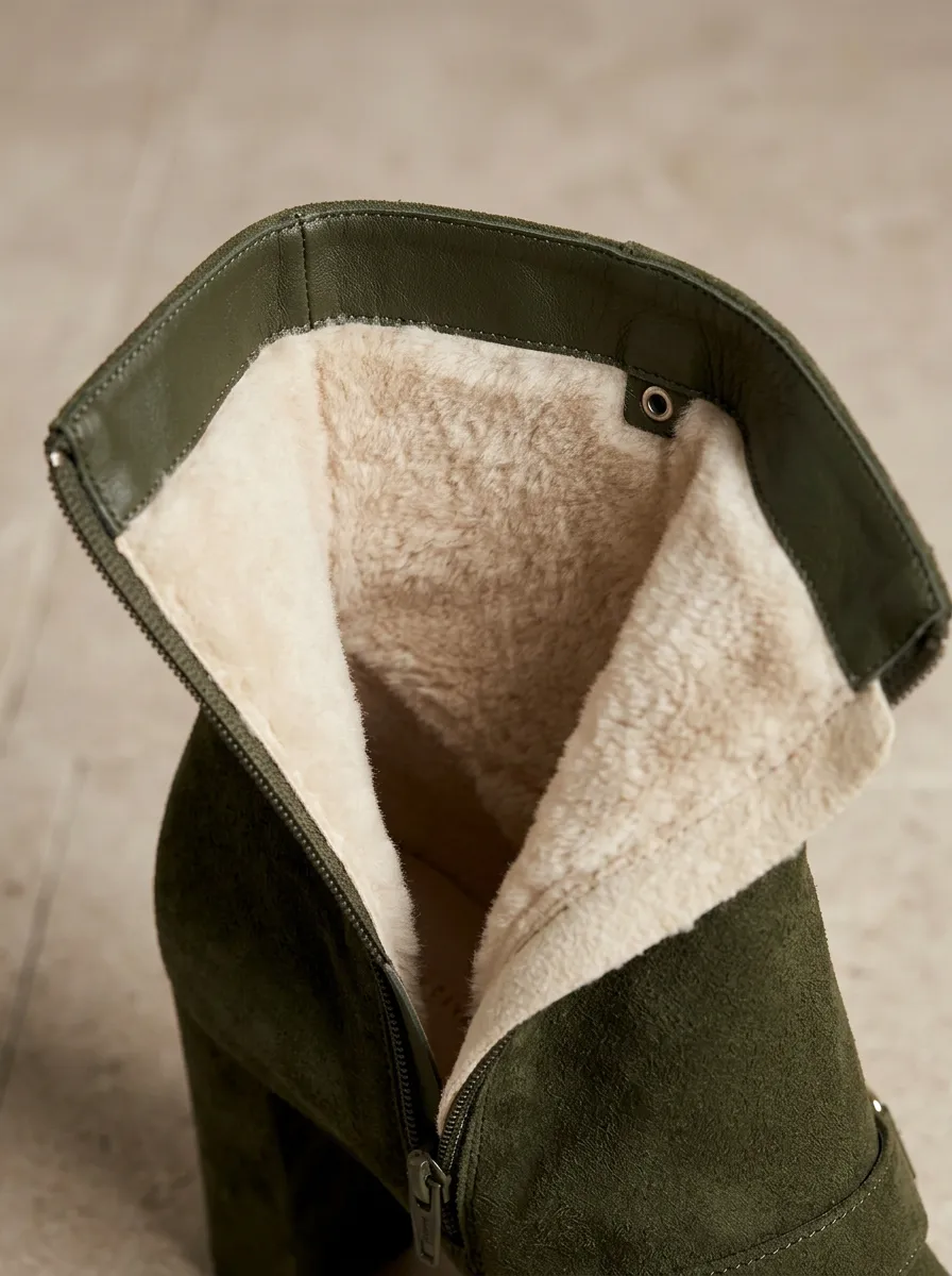 Buckle-Strap Buckle-Detail Block-Heel Suede-Look Women's High-Heel Ankle Boots