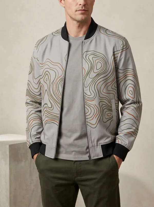 Men's Outdoor Hiking Enthusiast Topographic Map Printed Bomber Jacket