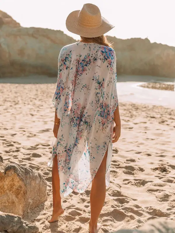 Mid Length Slit Chiffon Printed Sunscreen Swimsuit