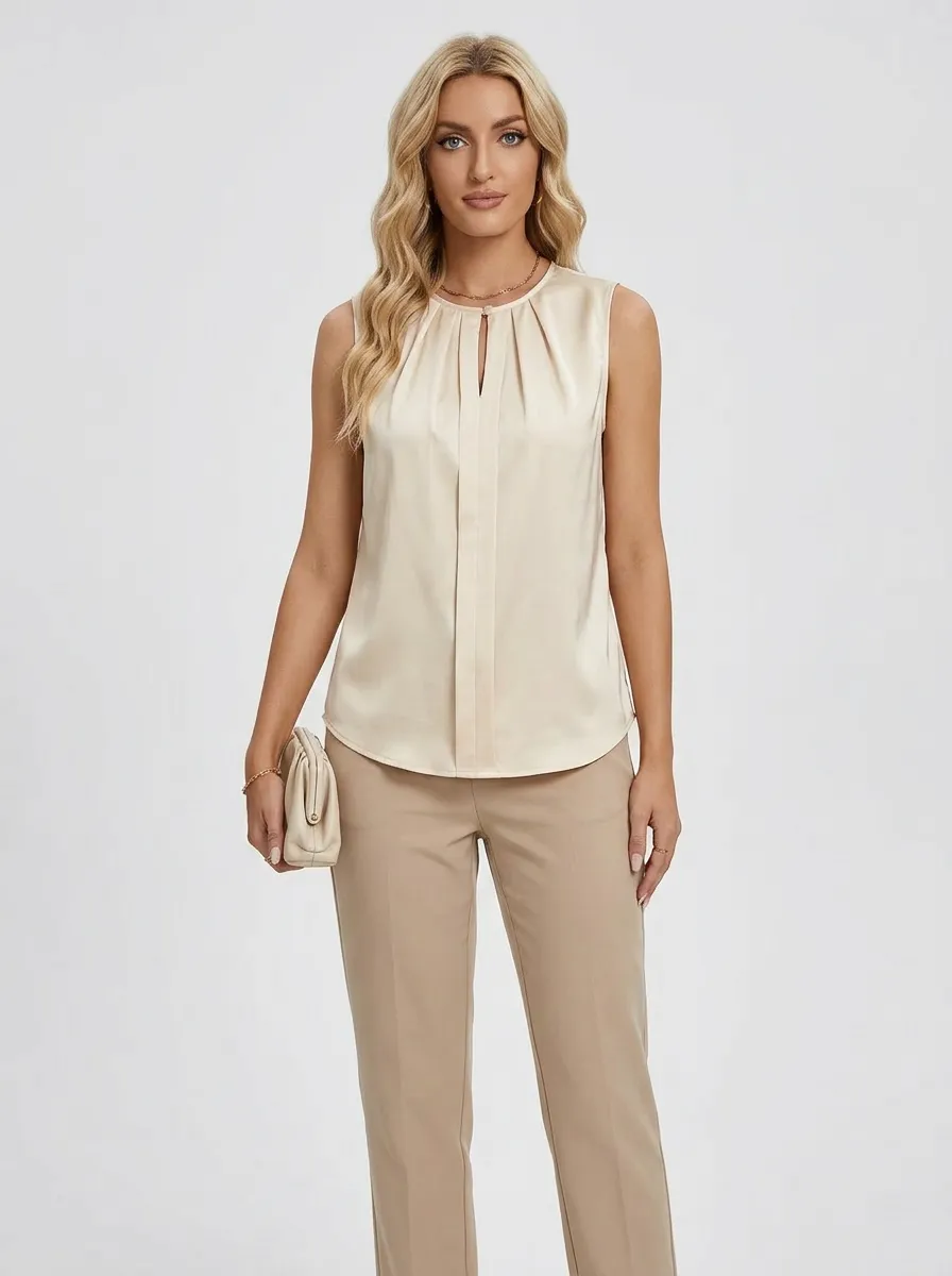 Pleated Keyhole Sleeveless Blouse