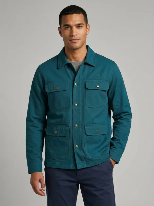 Men's Olive Green Utility Multi-Pocket Button-Up Jacket