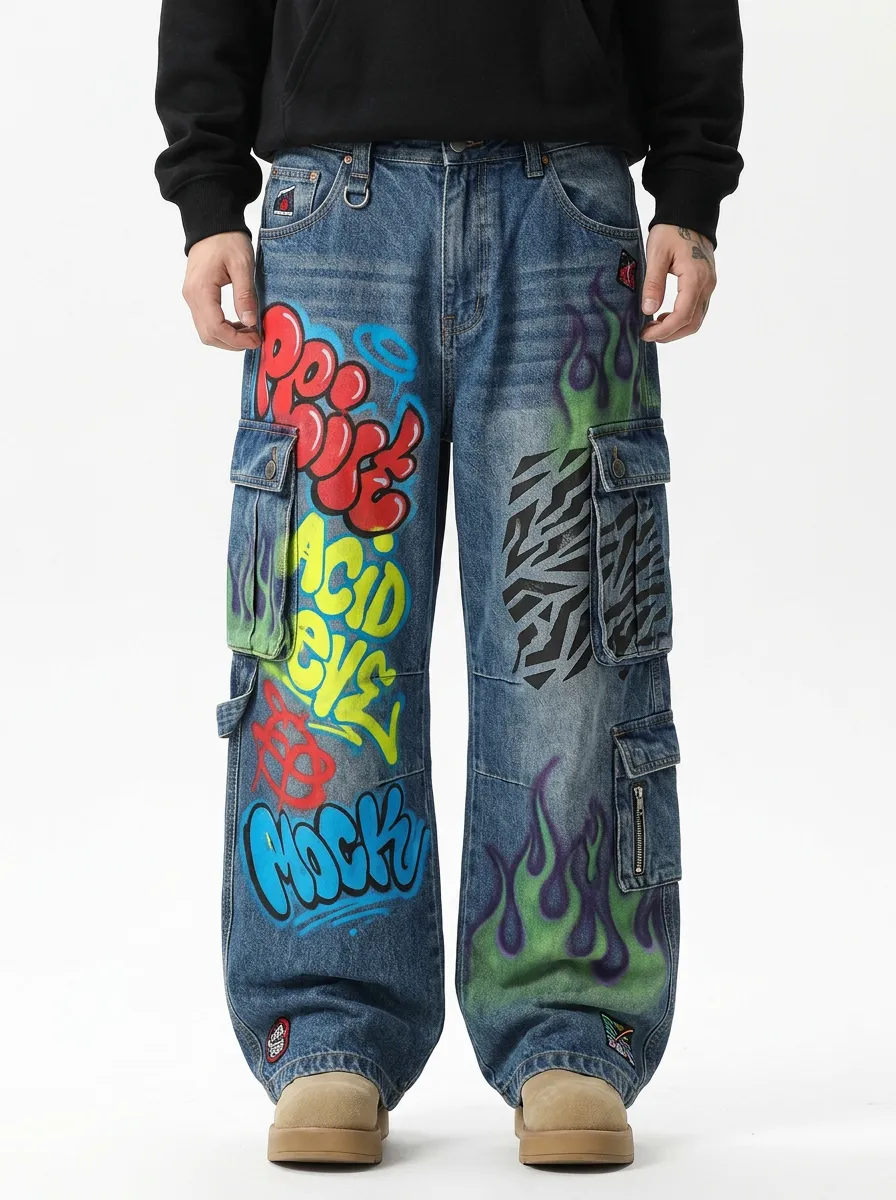 Men's Graffiti Flame Zebra Graphic Cargo Jeans