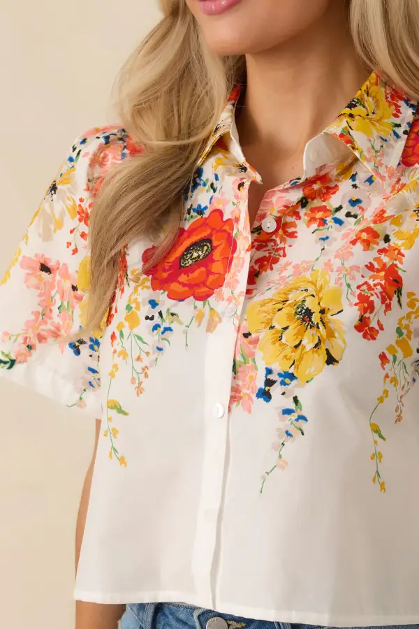 Refined Button-Up Button-Down Short-Sleeve Cropped Top