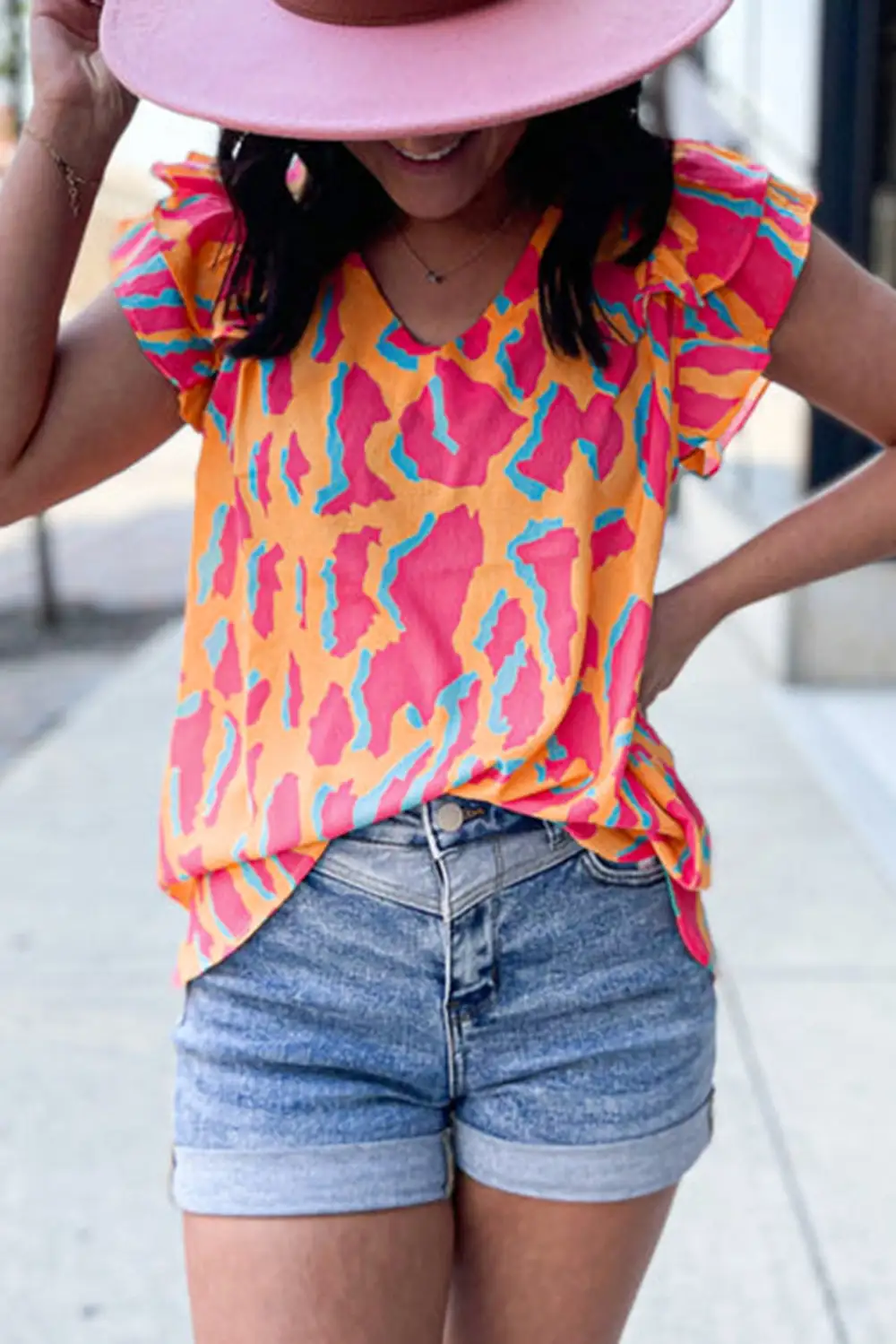 Ruffle Sleeve V Neck Blouse