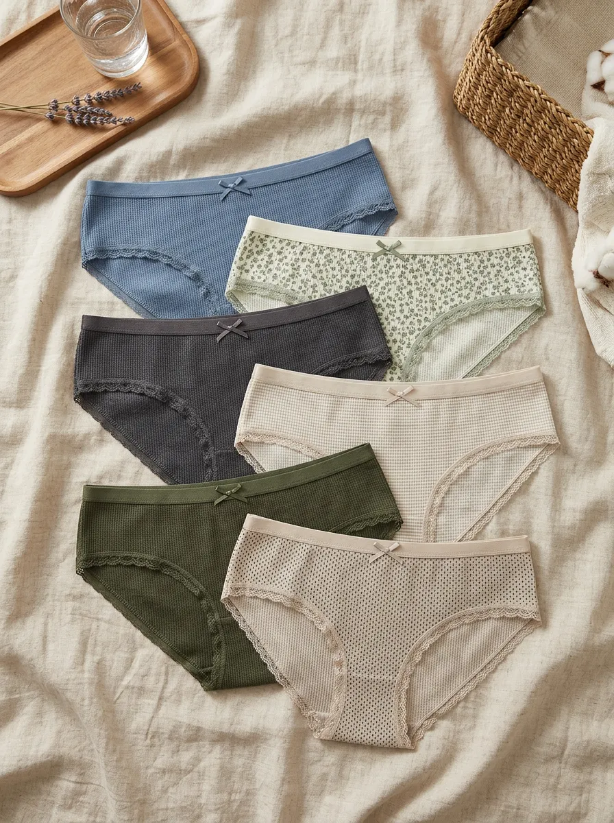 Women's Waffle Knit Floral Lace Trim Printed 6-Pack Panties