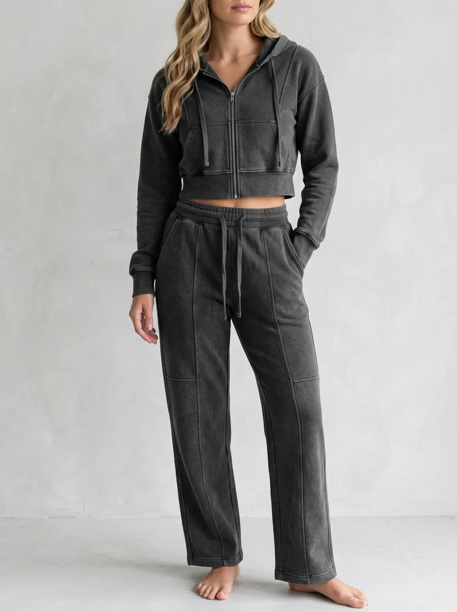 Vintage-Wash Jogger Women's Cropped Zip-Up Hoodie Jogger Active Set
