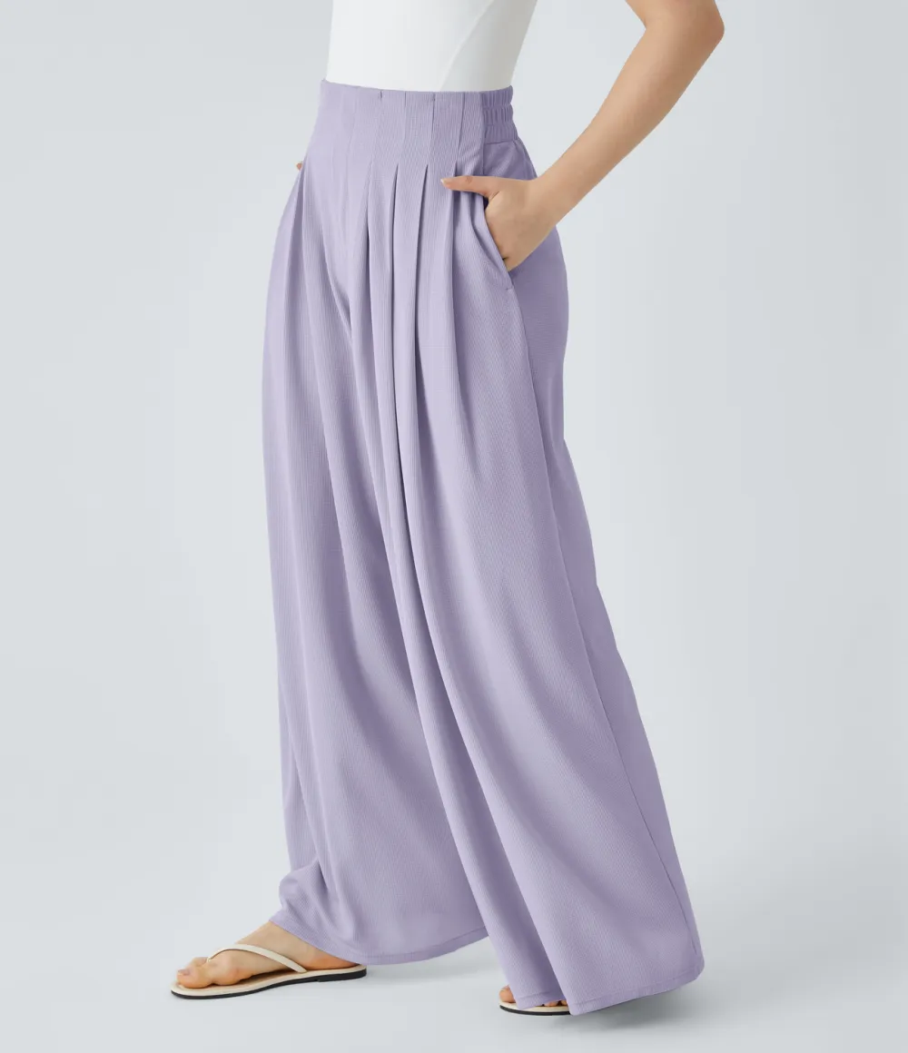 High Waisted Pleated Side Pocket Flowy Wide Leg Palazzo Waffle Casual Pants