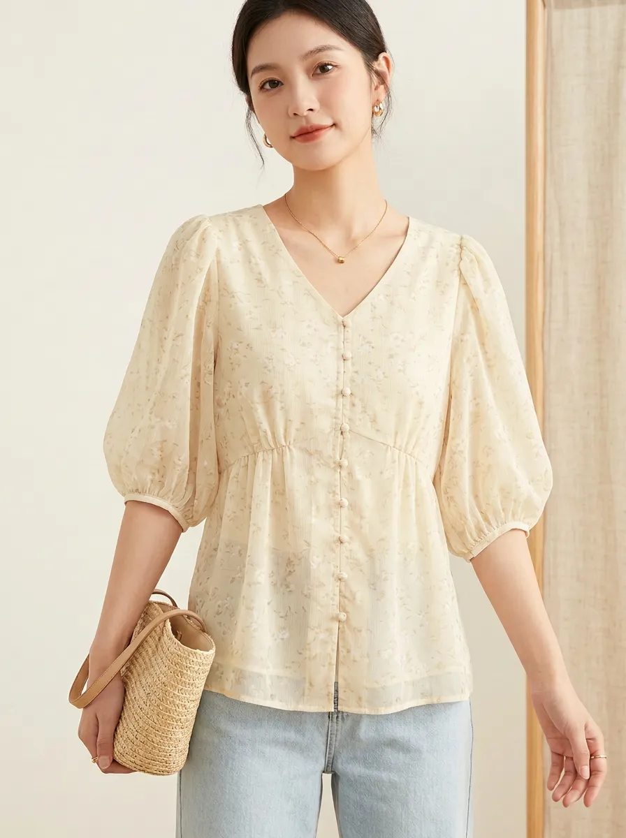 Floral Peplum Button-Front Women's Puff-Sleeve Blouse