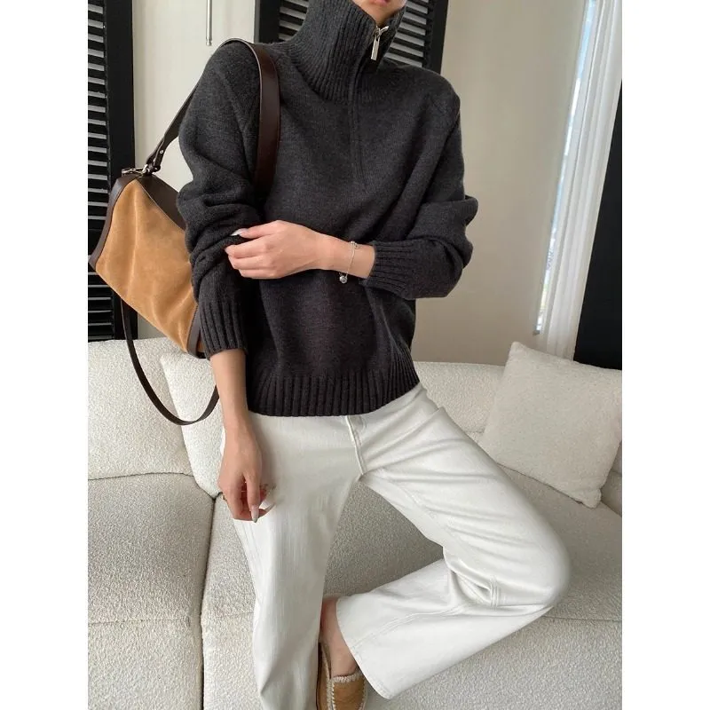 Refined High Neck Half Zip Loose Knit Sweater