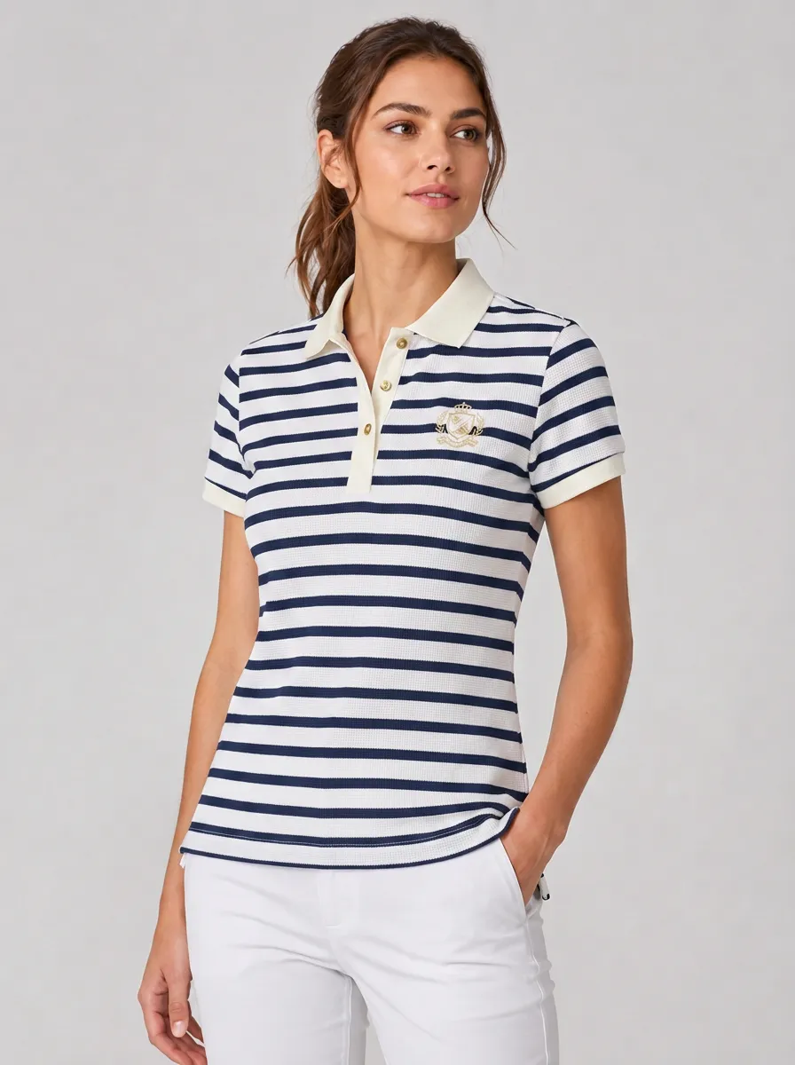 Women's Equestrian Lover Striped Crest Embroidered Grid Texture Polo Shirt
