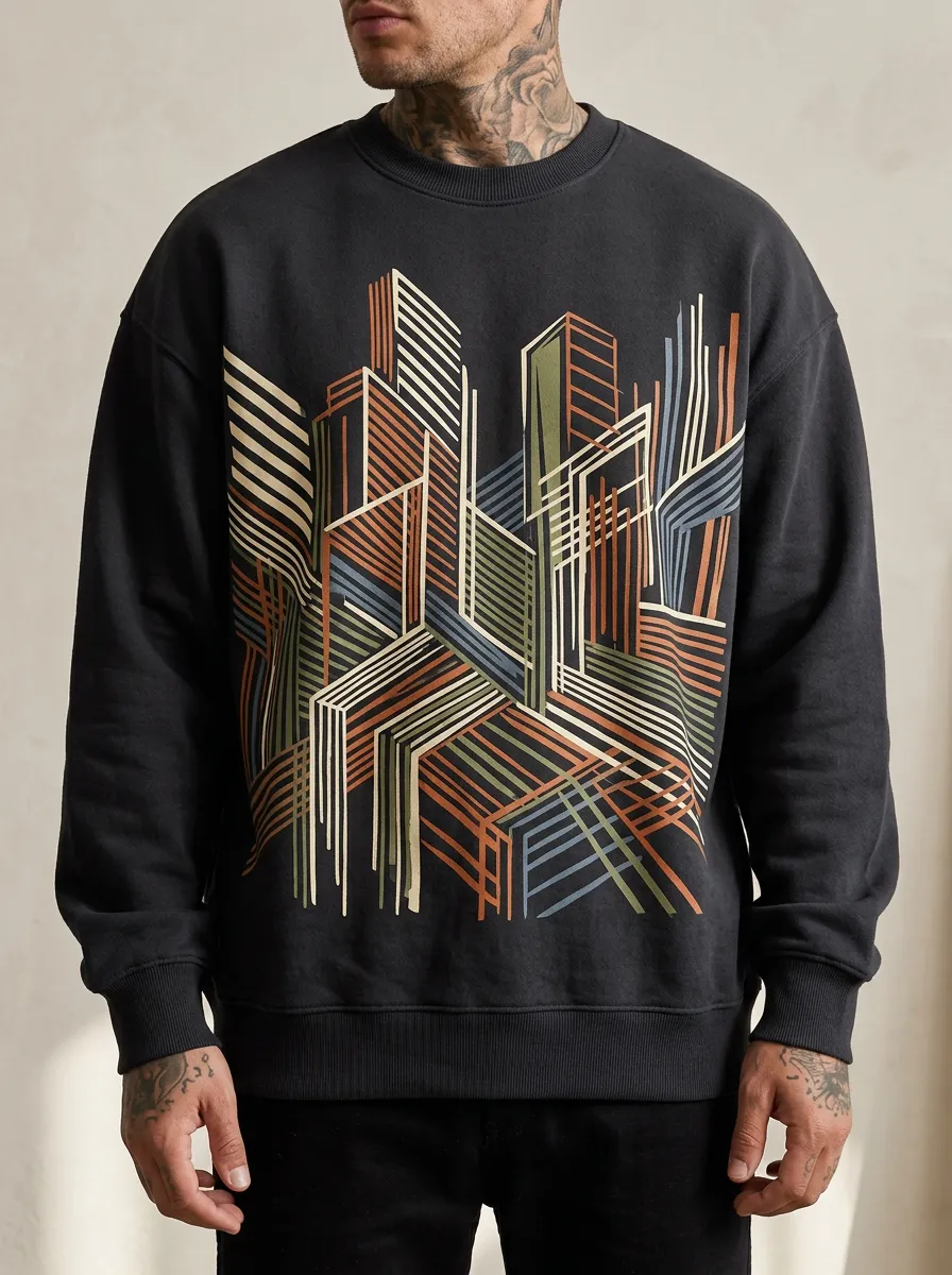 Urban Architecture Abstract Cityscape Graphic Crewneck Sweatshirt With Ribbed Trim