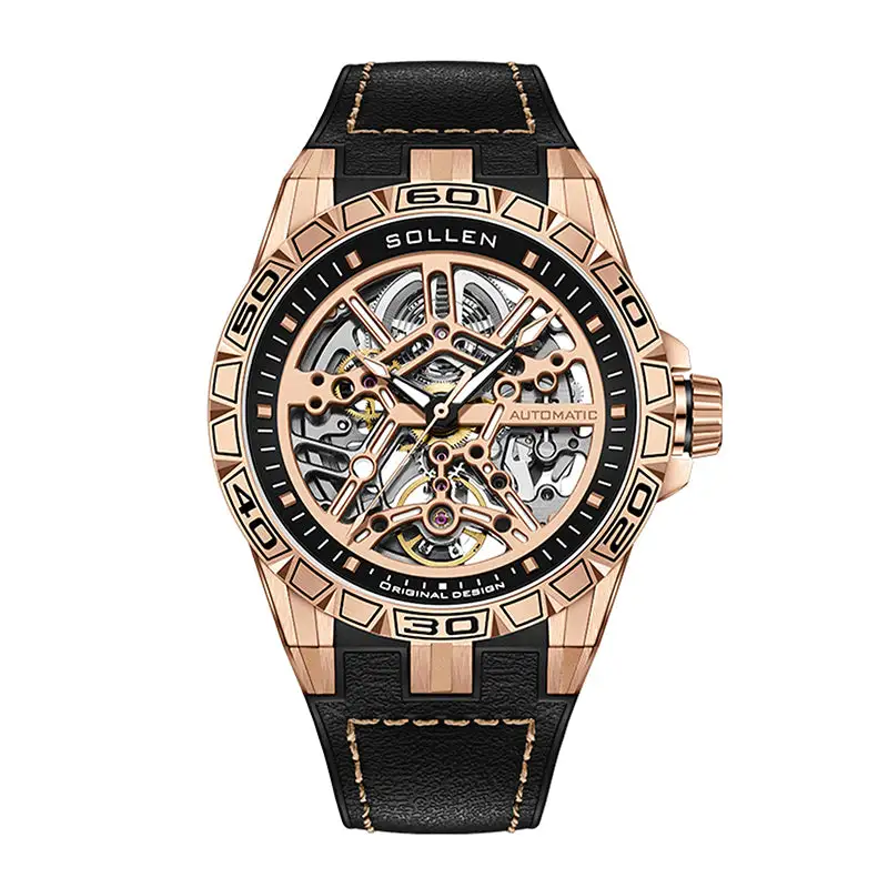 Sollen SL326 Men's Skeleton Automatic Mechanical Watch - 43mm 316L Stainless Steel Case Sapphire Crystal Multi-Layer Dial Leather-Pattern Silicone Strap Wristwatch