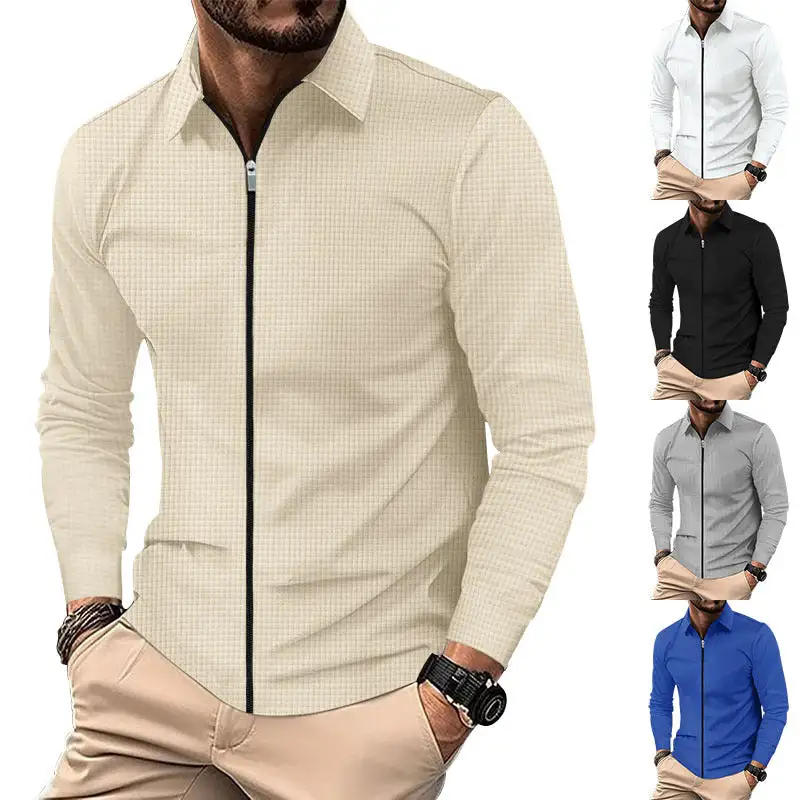 Waffle Texture Long Sleeve Fine Knit Polo Shirt