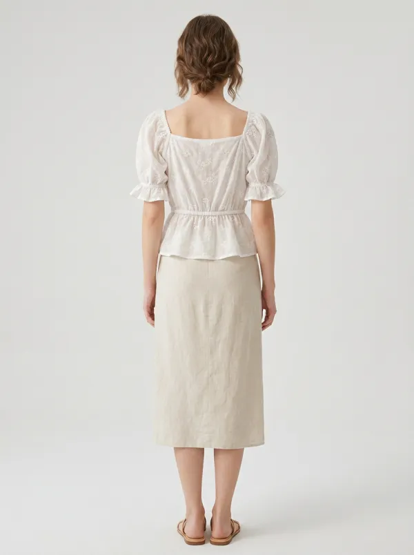 Embroidered Peplum Button-Front Women's Puff-Sleeve Blouse
