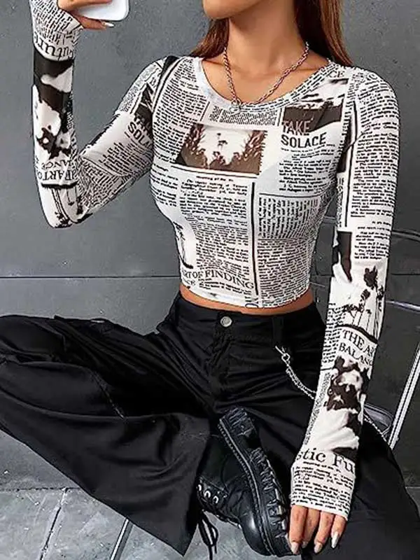 Long Sleeve Slim Fit Letter Print Round Neck T-Shirt