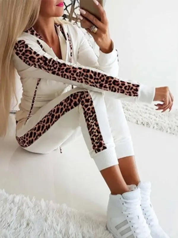 Women's Leopard Print Zipper Hoodie Trouser Suit Sexy Home Wear