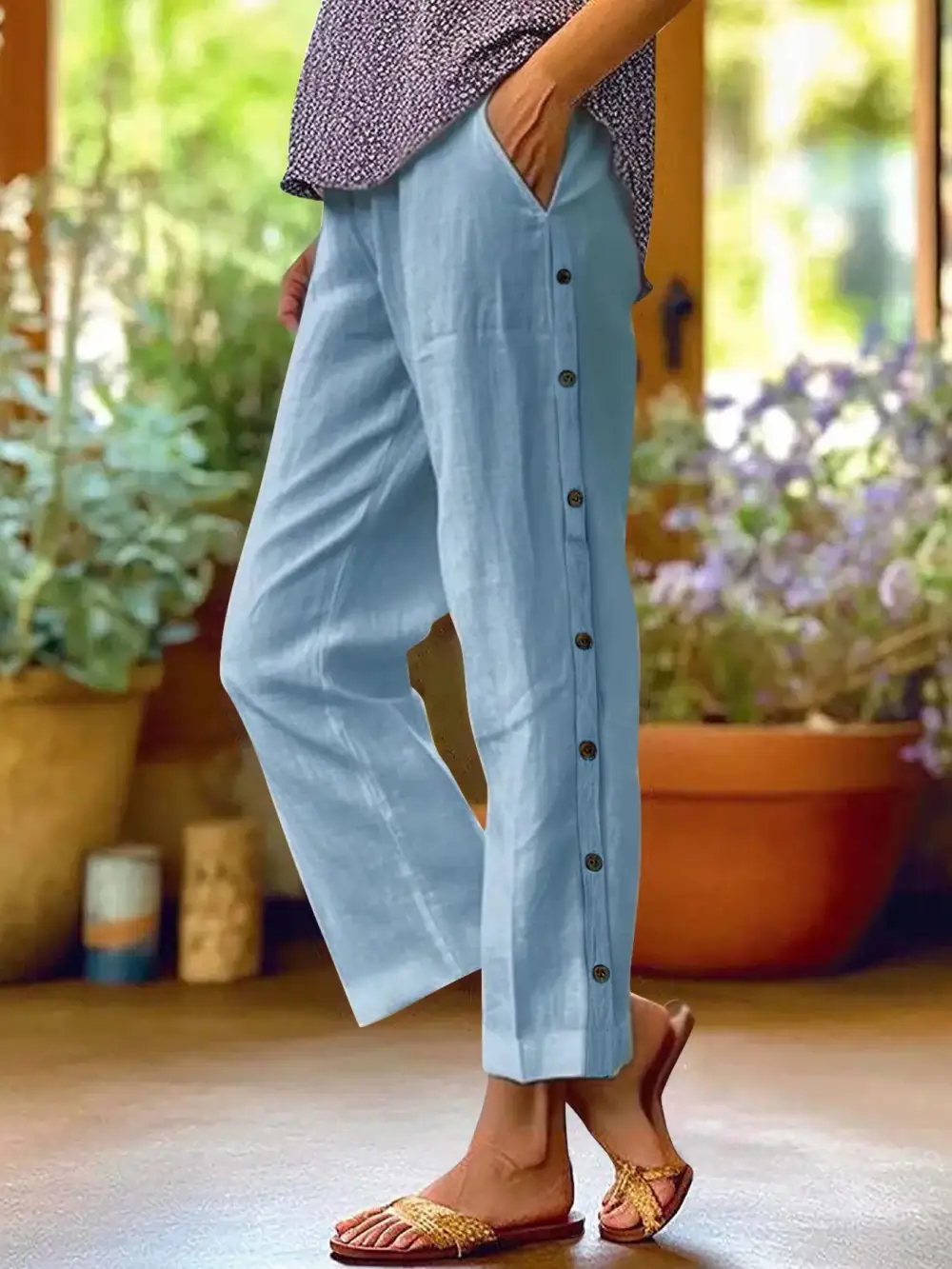 Full Size Side Decor Button Wide Leg Pants Plus Size