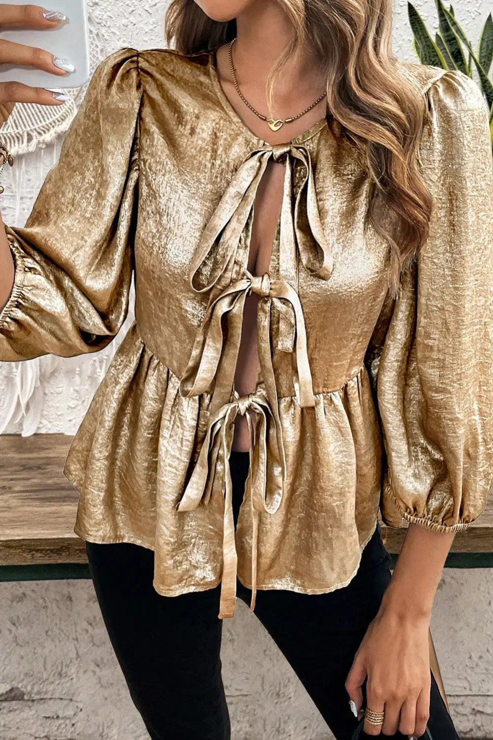 Everyday Ruffled Bow Detail Puff Sleeve Blouse