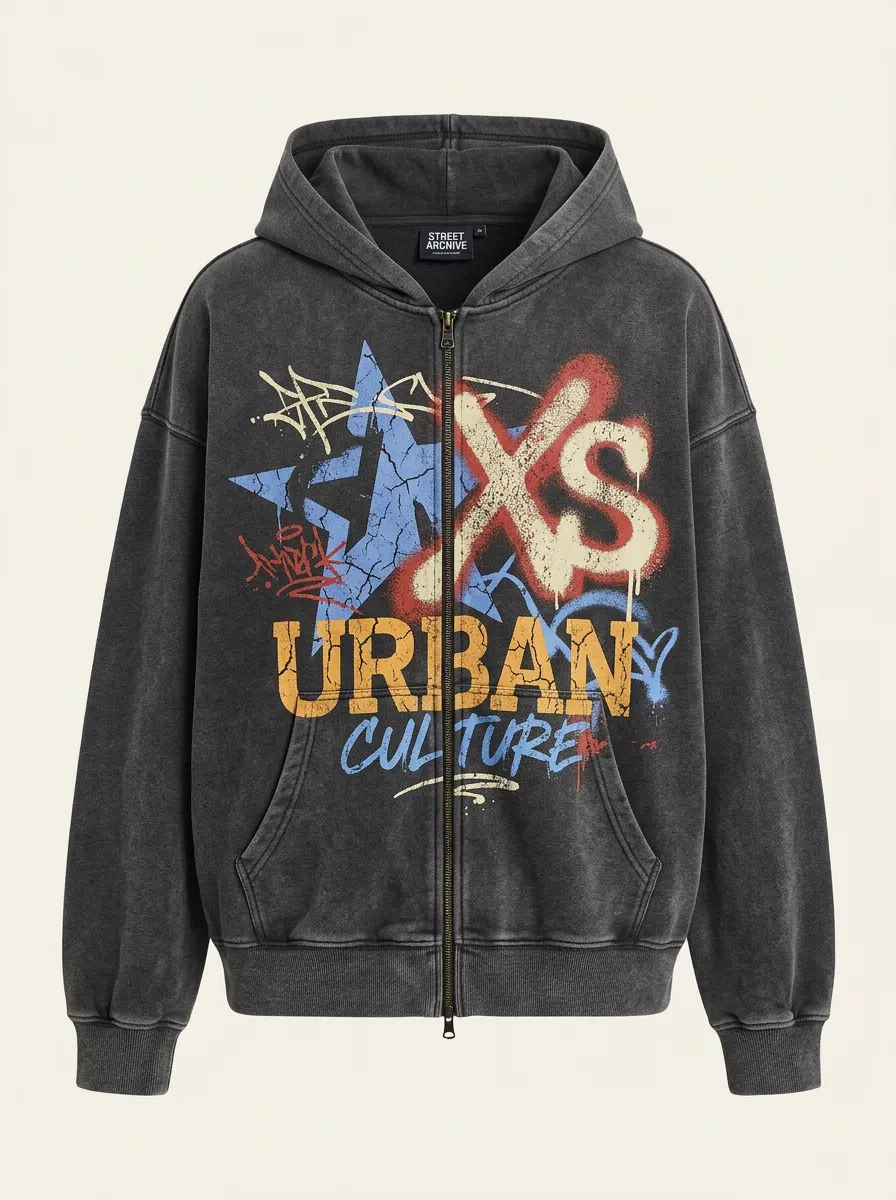 Unisex Streetwear Urban Culture Star Graffiti Printed Zip-up Hoodie